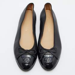 Chanel Black Leather CC Cap Toe Bow Ballet Flats Size 37