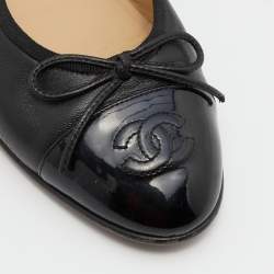 Chanel Black Leather CC Cap Toe Bow Ballet Flats Size 37