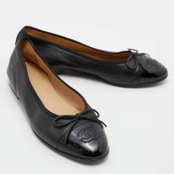 Chanel Black Leather CC Cap Toe Bow Ballet Flats Size 37