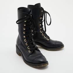 Chanel Black Leather Lace Up Boots Size 35.5 