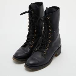 Chanel Black Leather Lace Up Boots Size 35.5 