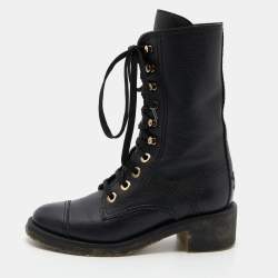 Chanel Black Leather Lace Up Boots Size 35.5 
