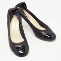Pre Owned Chanel Black Leather CC Cap Toe Scrunch Pumps Size 39.5