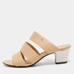 Chanel Beige Leather CC Strappy Slides Size 37