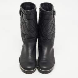 Pre Owned Chanel Black Quilted Leather Mid Calf Length Boots Size 37 
