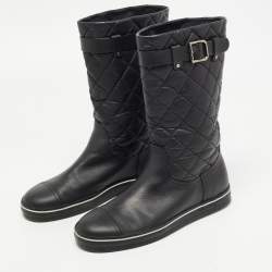 Pre Owned Chanel Black Quilted Leather Mid Calf Length Boots Size 37 