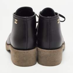 Pre Owned Chanel Black Leather CC Derby Ankle Boots Size 37.5