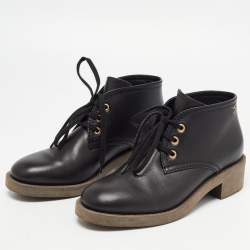 Pre Owned Chanel Black Leather CC Derby Ankle Boots Size 37.5