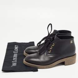 Pre Owned Chanel Black Leather CC Derby Ankle Boots Size 37.5