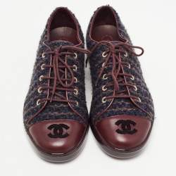 Pre Owned Chanel Burgundy Tweed and Leather CC Cap Low Top Sneakers Size 38