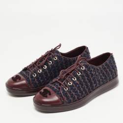 Pre Owned Chanel Burgundy Tweed and Leather CC Cap Low Top Sneakers Size 38