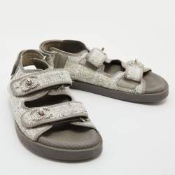 Chanel Grey Tweed and Leather CC Dad Flat Sandals Size 37