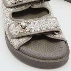 Chanel Grey Tweed and Leather CC Dad Flat Sandals Size 37