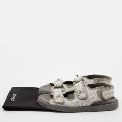 Chanel Grey Tweed and Leather CC Dad Flat Sandals Size 37