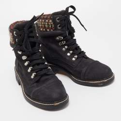 Pre Owned Chanel Black Tweed and Nubuck Leather Ankle Boots Size 38