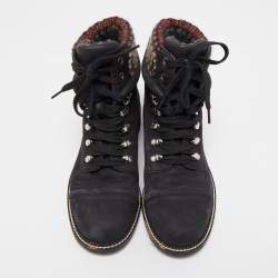 Pre Owned Chanel Black Tweed and Nubuck Leather Ankle Boots Size 38
