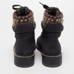 Pre Owned Chanel Black Tweed and Nubuck Leather Ankle Boots Size 38