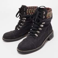 Pre Owned Chanel Black Tweed and Nubuck Leather Ankle Boots Size 38
