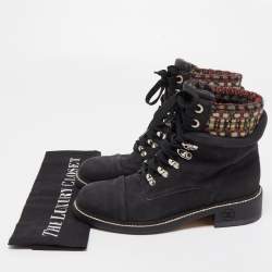 Pre Owned Chanel Black Tweed and Nubuck Leather Ankle Boots Size 38
