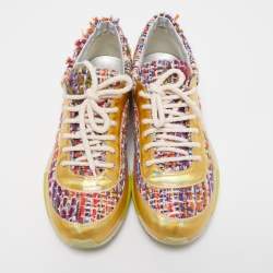 Pre Owned Chanel Multicolor Tweed and Leather Low Top Sneakers Size 38.5