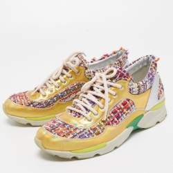 Pre Owned Chanel Multicolor Tweed and Leather Low Top Sneakers Size 38.5