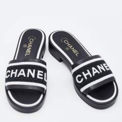 Pre Owned Chanel Black Leather CC Flat Slides Size 36.5