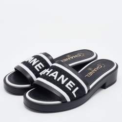Pre Owned Chanel Black Leather CC Flat Slides Size 36.5