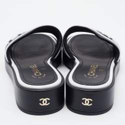 Pre Owned Chanel Black Leather CC Flat Slides Size 36.5