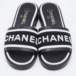 Pre Owned Chanel Black Leather CC Flat Slides Size 36.5