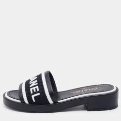 Pre Owned Chanel Black Leather CC Flat Slides Size 36.5