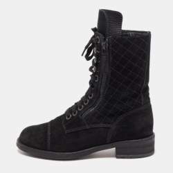 Chanel Black Suede Quilted Double Zip CC Combat Boots Size 37.5 Chanel