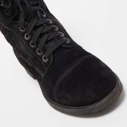 Chanel Black Suede Quilted Double Zip CC Combat Boots Size 37.5