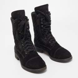 Chanel Black Suede Quilted Double Zip CC Combat Boots Size 37.5