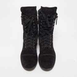 Chanel Black Suede Quilted Double Zip CC Combat Boots Size 37.5