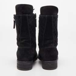 Chanel Black Suede Quilted Double Zip CC Combat Boots Size 37.5