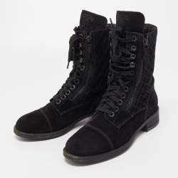 Chanel Black Suede Quilted Double Zip CC Combat Boots Size 37.5