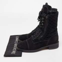 Chanel Black Suede Quilted Double Zip CC Combat Boots Size 37.5
