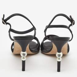 Pre Owned Chanel Black Leather Pearl Heel Ankle Strap Sandals Size 38.5