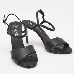 Pre Owned Chanel Black Leather Pearl Heel Ankle Strap Sandals Size 38.5