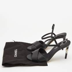 Pre Owned Chanel Black Leather Pearl Heel Ankle Strap Sandals Size 38.5