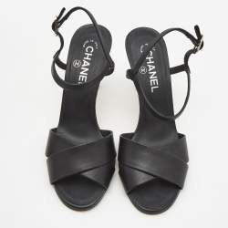 Pre Owned Chanel Black Leather Pearl Heel Ankle Strap Sandals Size 38.5