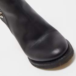 Chanel Black Leather CC Turnlock Block Heel Boots Size 37.5