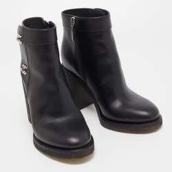 Chanel Black Leather CC Turnlock Block Heel Boots Size 37.5