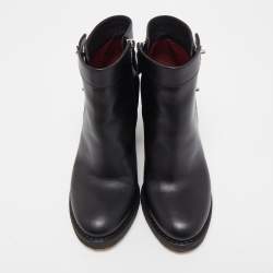 Chanel Black Leather CC Turnlock Block Heel Boots Size 37.5