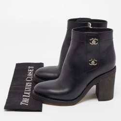 Chanel Black Leather CC Turnlock Block Heel Boots Size 37.5