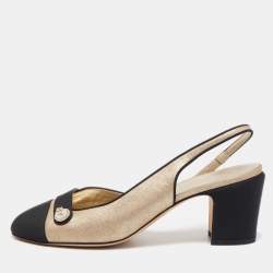 Chanel Metallic Gold Leather And Canvas CC Cap Toe Slingback Pumps