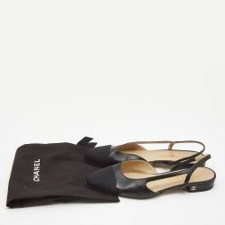 Chanel Black Leather and Canvas CC Cap Toe Slingback Flats Size 37.5