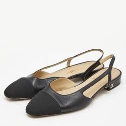 Chanel Black Leather and Canvas CC Cap Toe Slingback Flats Size 37.5