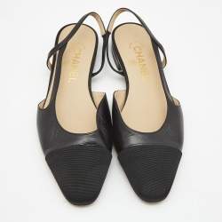Chanel Black Leather and Canvas CC Cap Toe Slingback Flats Size 37.5