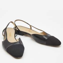 Chanel Black Leather and Canvas CC Cap Toe Slingback Flats Size 37.5